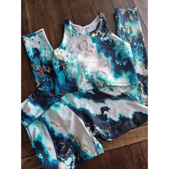 Old Navy Active XL Sports Bra & Leggings Set Blue Gold Marble Print - Picture 1 of 5